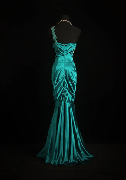 Mermaid Turquoise Satin Prom Dress One Shoulder Evening Gown  P1363