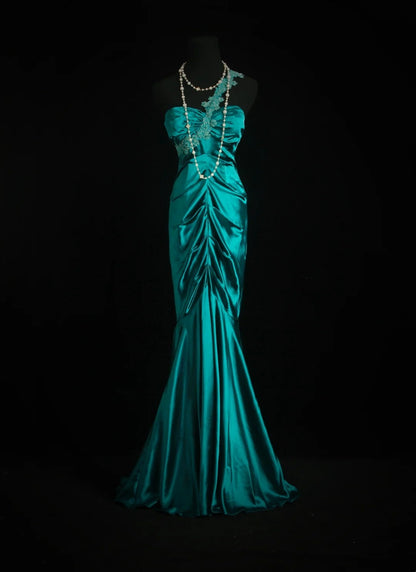 Mermaid Turquoise Satin Prom Dress One Shoulder Evening Gown  P1363
