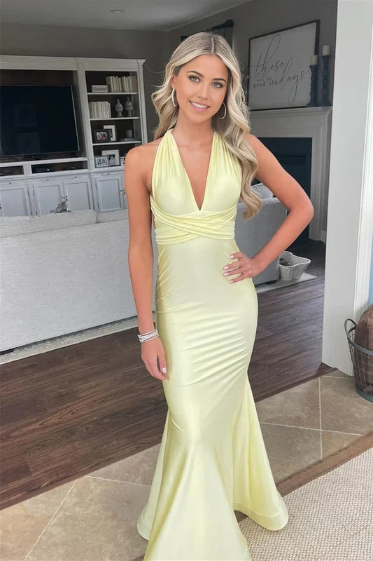 Mermaid V Neck Yellow Long Prom Dress Mermaid Evening Gown  P711