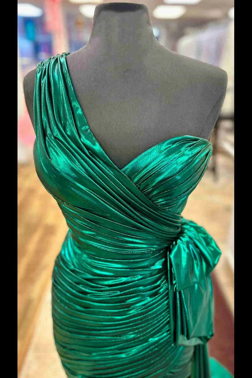 Metallic Green One Shoulder Ruched Short Homecoming Dress  P2275