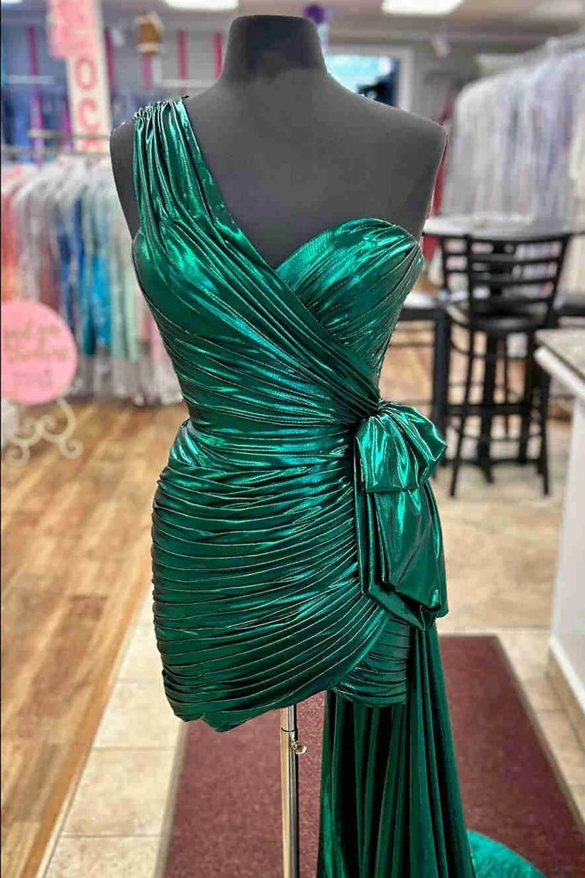 Metallic Green One Shoulder Ruched Short Homecoming Dress  P2275