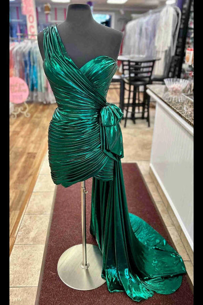 Metallic Green One Shoulder Ruched Short Homecoming Dress  P2275