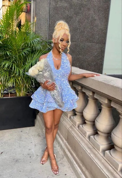 Sequin Birthday Dresses Short Sky Blue Homecoming Dress  P2279