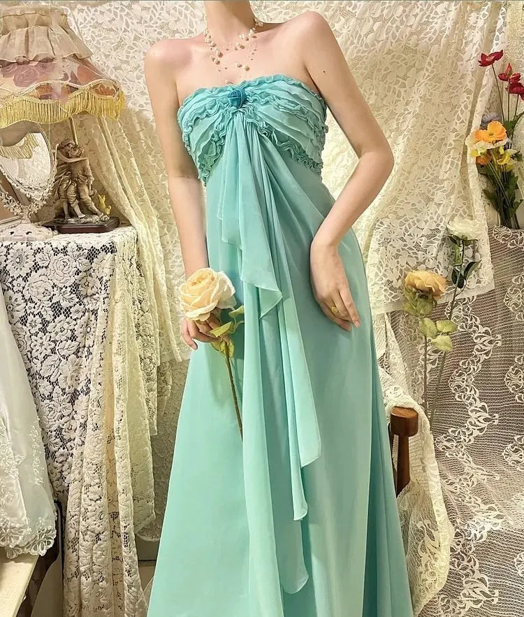 Mint Green Long Chiffon Prom Dress Ruffled Evening Dress Bridesmaids Dresses  P1174