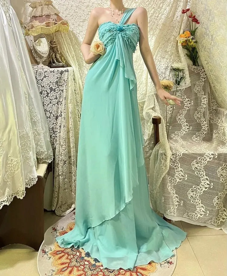 Mint Green Long Chiffon Prom Dress Ruffled Evening Dress Bridesmaids Dresses  P1174
