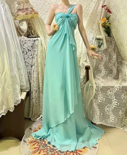 Mint Green Long Chiffon Prom Dress Ruffled Evening Dress Bridesmaids Dresses  P1174