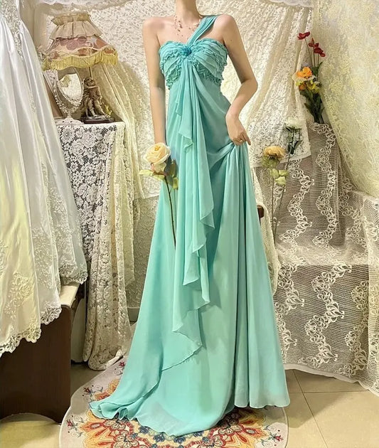 Mint Green Long Chiffon Prom Dress Ruffled Evening Dress Bridesmaids Dresses  P1174