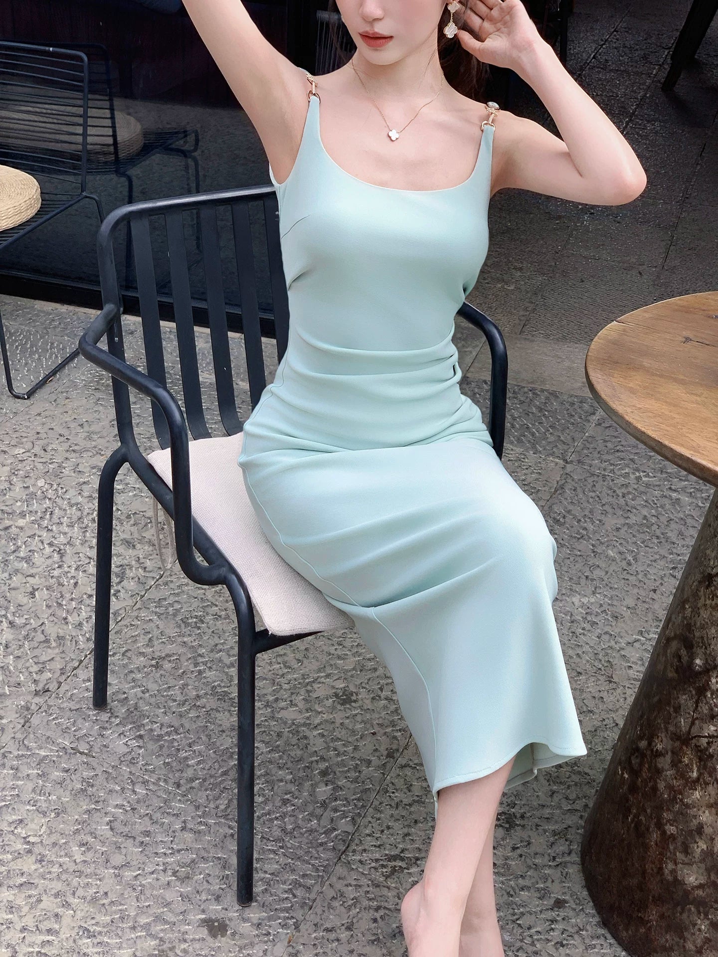 Mint Green Square Neck Sheath Party Dress   L153