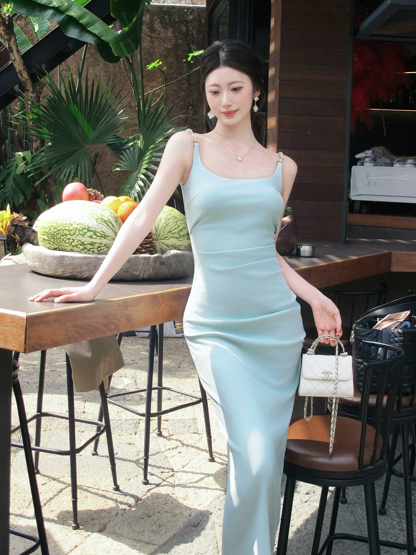 Mint Green Square Neck Sheath Party Dress   L153
