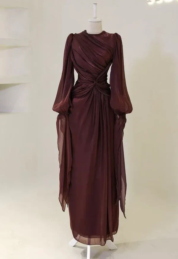 Modest Sheath Long Sleeve Ruched Burgundy Floor-Length Dress P980