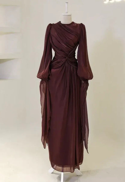 Modest Sheath Long Sleeve Ruched Burgundy Floor-Length Dress P980