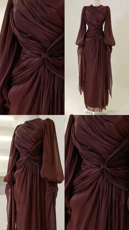 Modest Sheath Long Sleeve Ruched Burgundy Floor-Length Dress P980