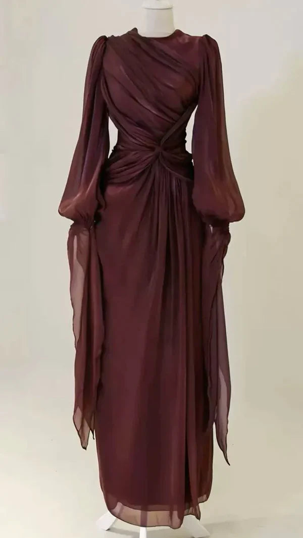 Modest Sheath Long Sleeve Ruched Burgundy Floor-Length Dress P980