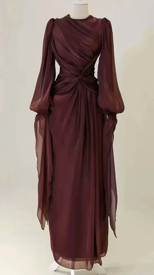 Modest Sheath Long Sleeve Ruched Burgundy Floor-Length Dress P980