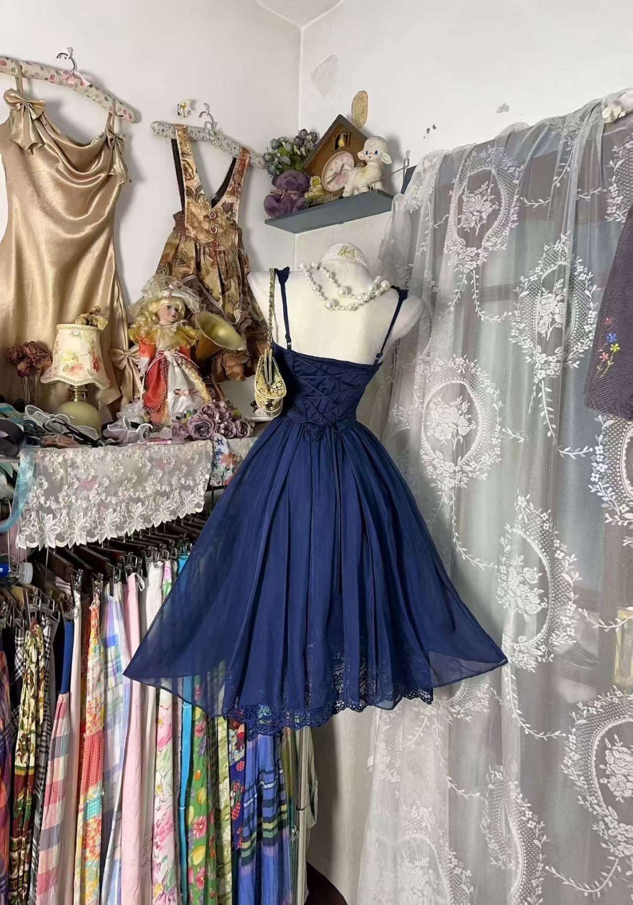 Navy Blue A Line Homecoming Dress Chiffon Lace Party Dress  P1928