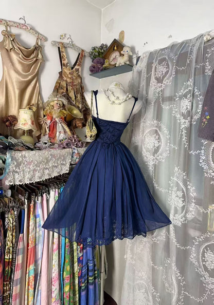Navy Blue A Line Homecoming Dress Chiffon Lace Party Dress  P1928