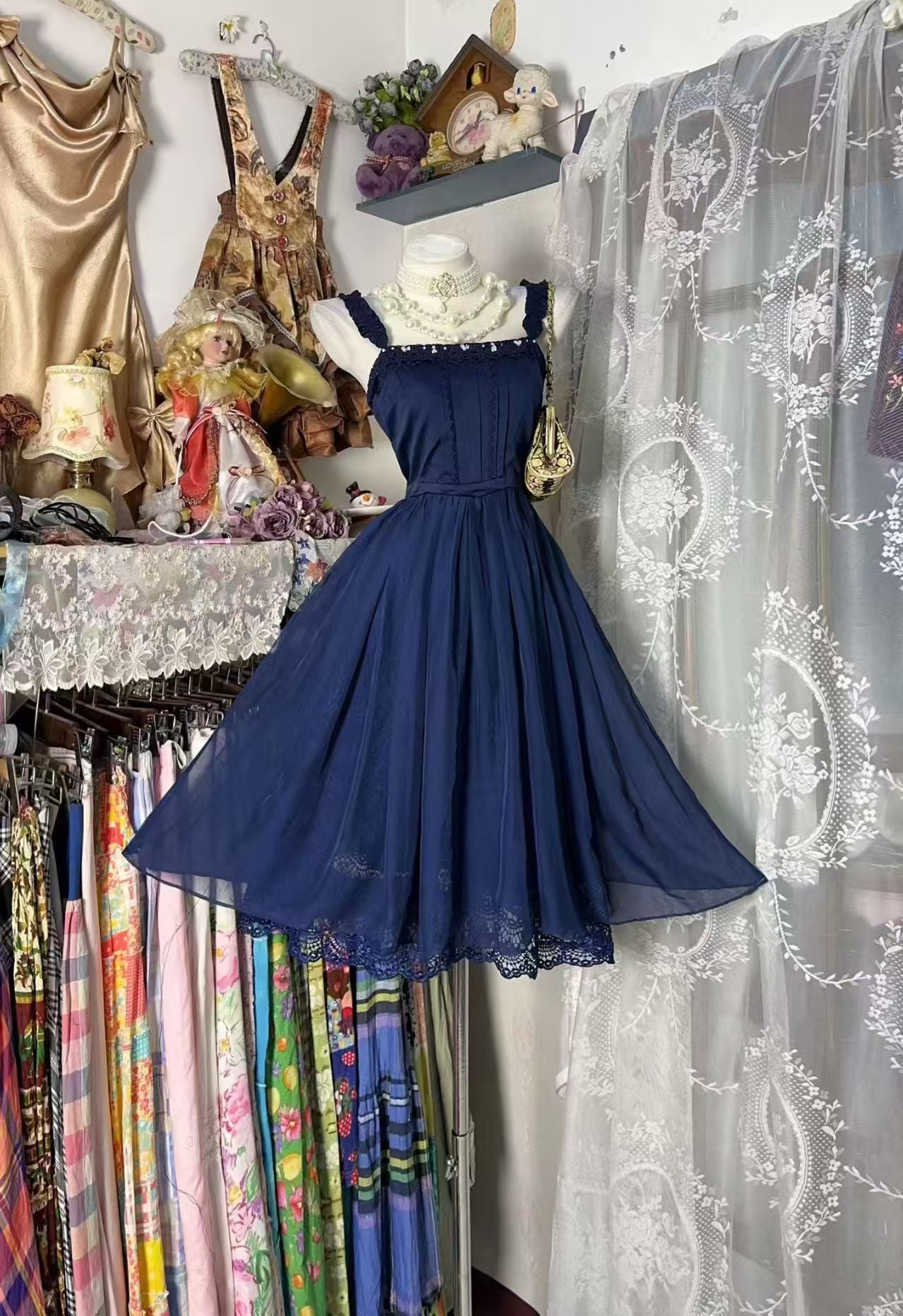 Navy Blue A Line Homecoming Dress Chiffon Lace Party Dress  P1928