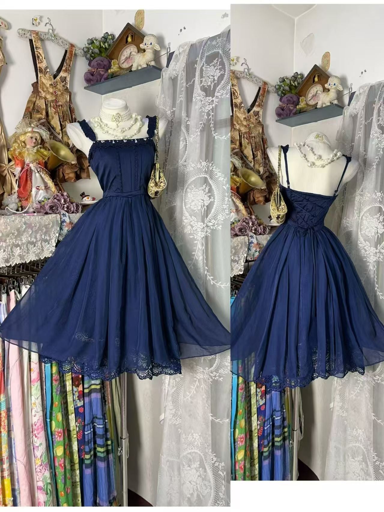 Navy Blue A Line Homecoming Dress Chiffon Lace Party Dress  P1928