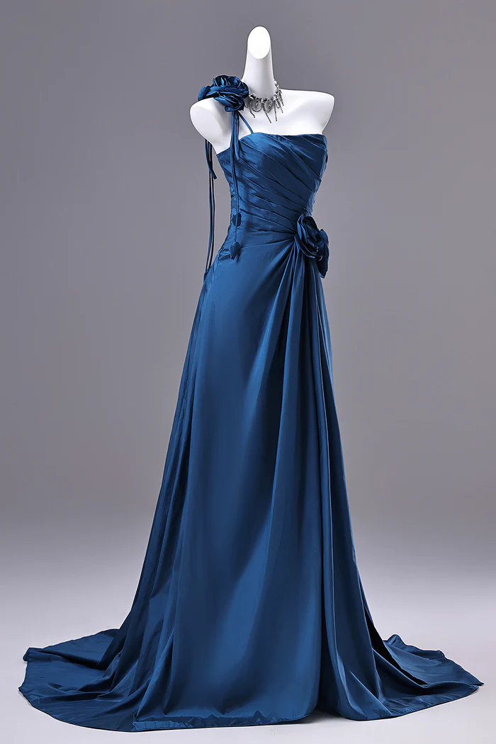 Navy Blue A Line Strapless Flora Formal Prom Dress  P638