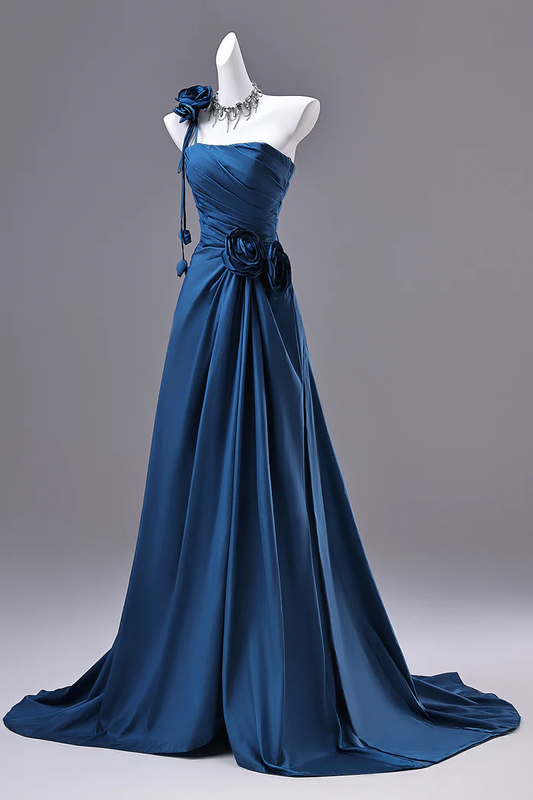 Navy Blue A Line Strapless Flora Formal Prom Dress  P638