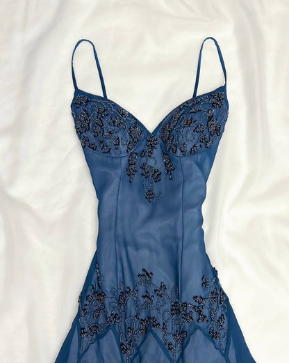 Navy Blue Beaded Tea Length Dress Vintage Birthday Dress  P903