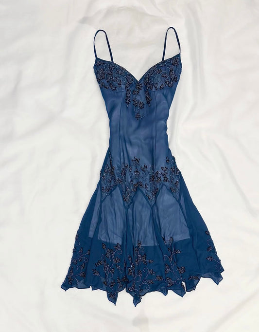 Navy Blue Beaded Tea Length Dress Vintage Birthday Dress  P903