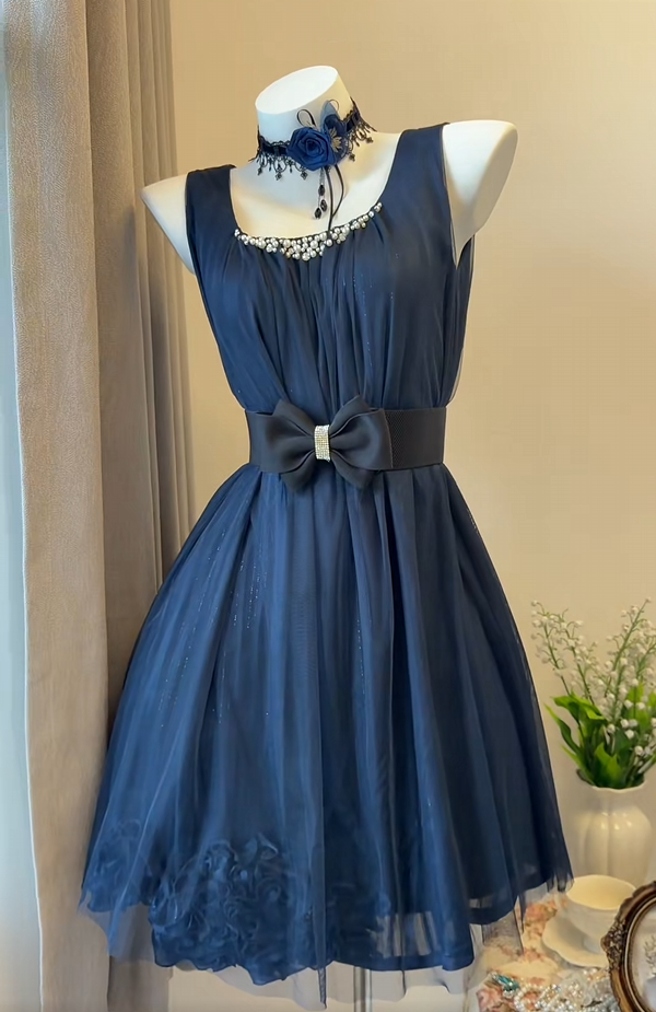 Navy Blue Chiffon Homecoming Dress A Line Pearl Beaded Dress  P2023