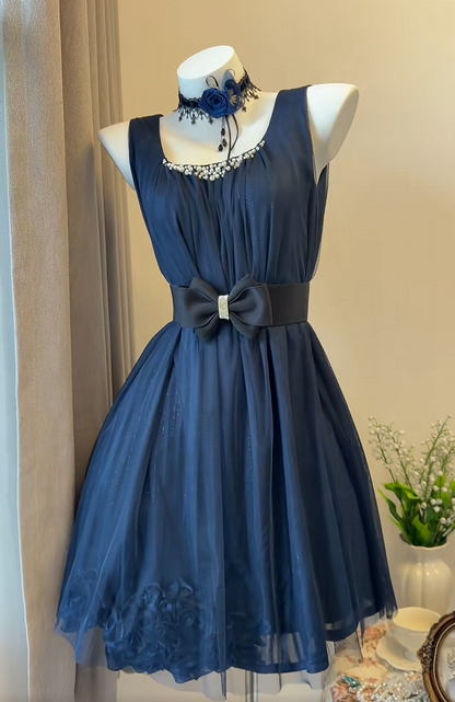 Navy Blue Chiffon Homecoming Dress A Line Pearl Beaded Dress  P2023