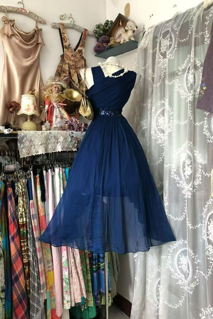 Navy Blue Chiffon Homecoming Dress Mid Length Evening Dress  P2044