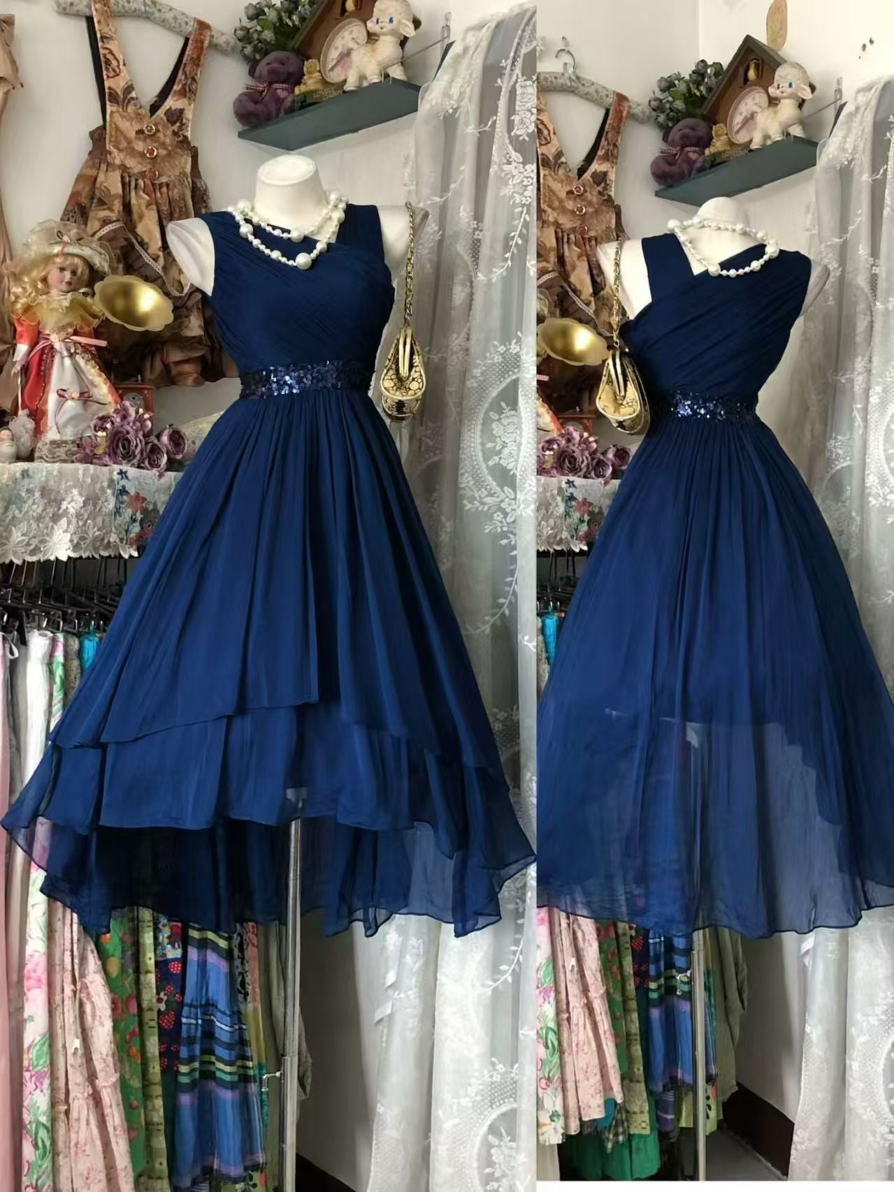 Navy Blue Chiffon Homecoming Dress Mid Length Evening Dress  P2044