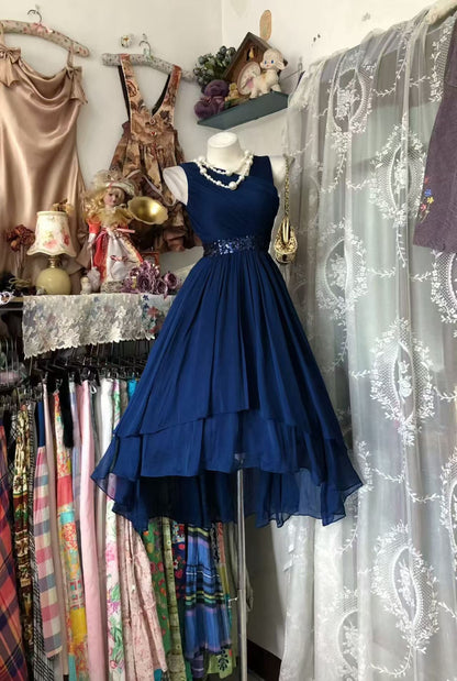 Navy Blue Chiffon Homecoming Dress Mid Length Evening Dress  P2044