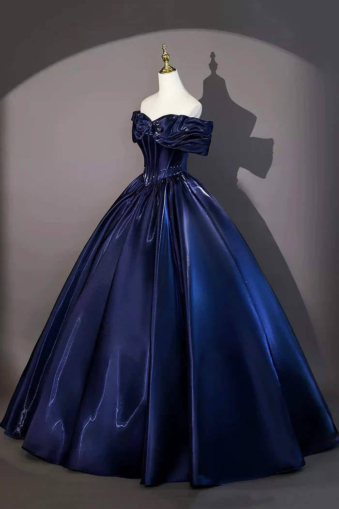 Navy Blue Floor Length Evening Gown A-Line Off The Shoulder Formal Prom Dress  P654