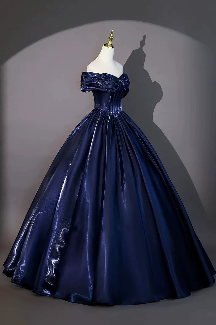 Navy Blue Floor Length Evening Gown A-Line Off The Shoulder Formal Prom Dress  P654