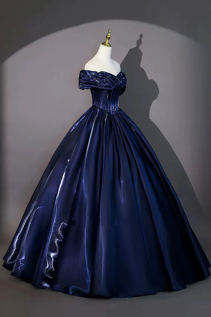 Navy Blue Floor Length Evening Gown A-Line Off The Shoulder Formal Prom Dress  P654