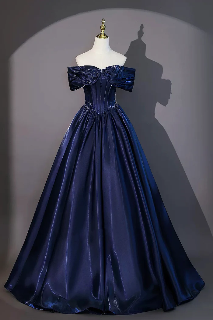 Navy Blue Floor Length Evening Gown A-Line Off The Shoulder Formal Prom Dress  P654