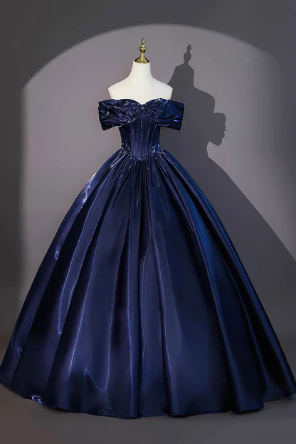 Navy Blue Floor Length Evening Gown A-Line Off The Shoulder Formal Prom Dress  P654