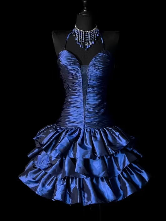 Navy Blue Layered Satin Homecoming Dress Short Ruffled Party Dress   P1924