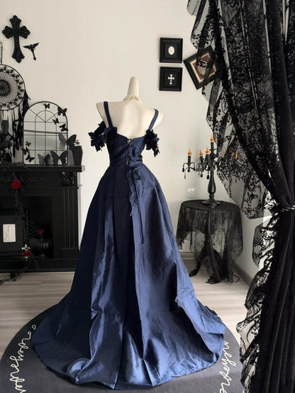 Navy Blue Satin A Line Prom Dress Floral Straps Evening Gown  P2695