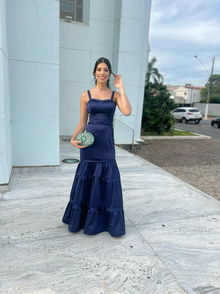 Navy Blue Satin Formal Prom Dresses Wedding Guest Dress  P1036