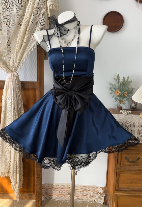 Navy Blue Satin Homecoming Dress Retro Short Dress With Bow Knot  P1953