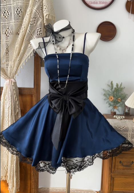 Navy Blue Satin Homecoming Dress Retro Short Dress With Bow Knot  P1953