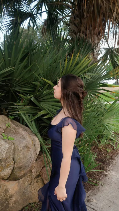 Navy Blue Satin Mermaid Prom Dress Ruffled Evening Gown  P1535