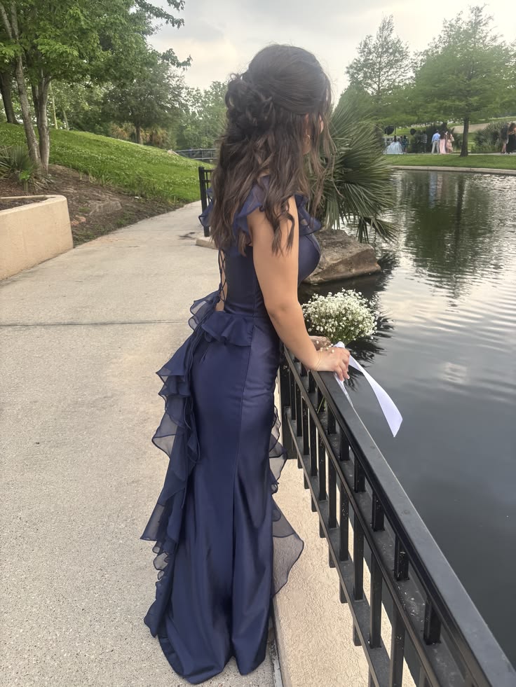Navy Blue Satin Mermaid Prom Dress Ruffled Evening Gown  P1535
