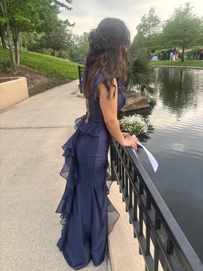 Navy Blue Satin Mermaid Prom Dress Ruffled Evening Gown  P1535