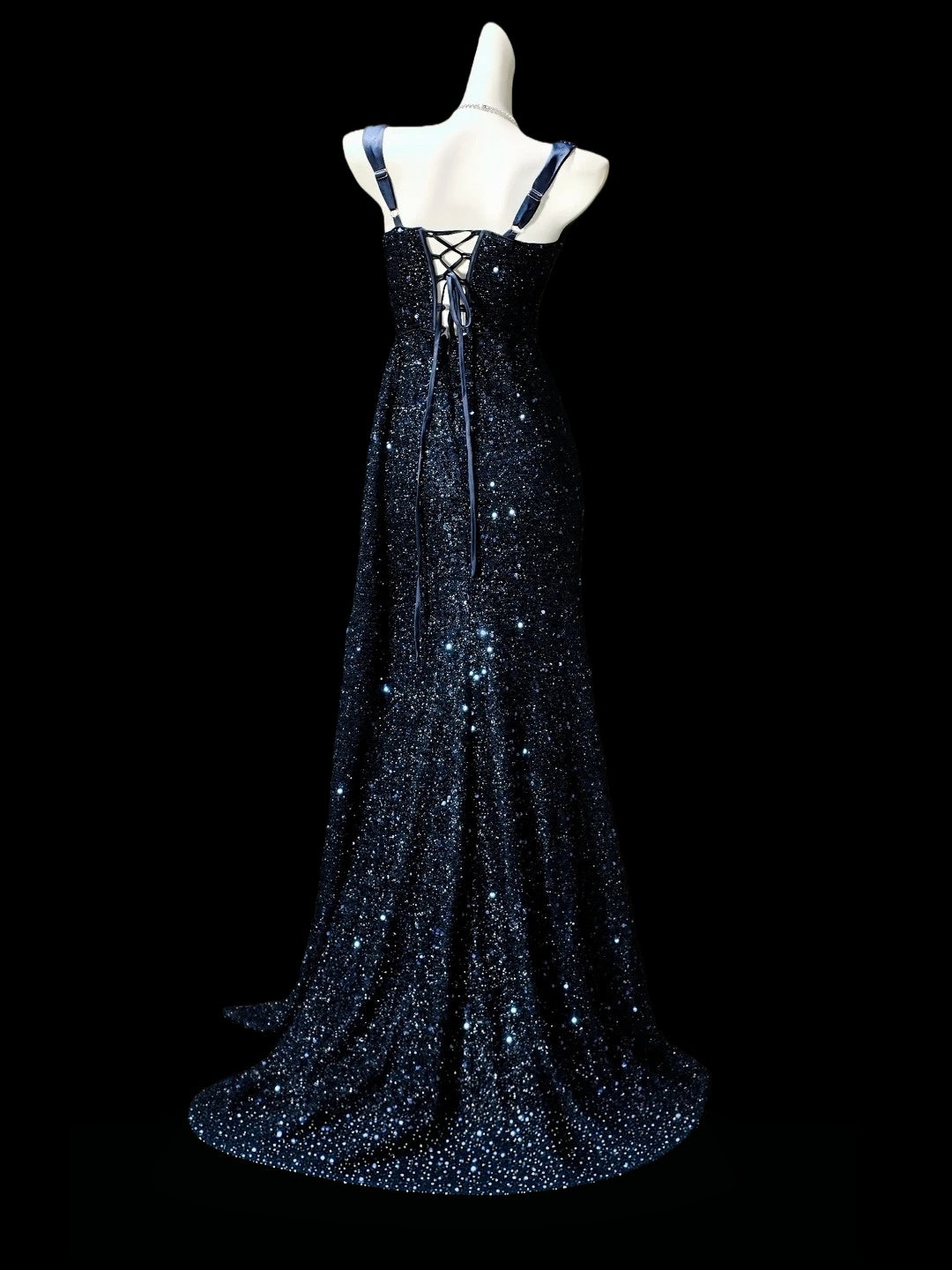 Navy Blue Sequin Mermaid Formal Sparkle Prom Dress With Slit  P2429