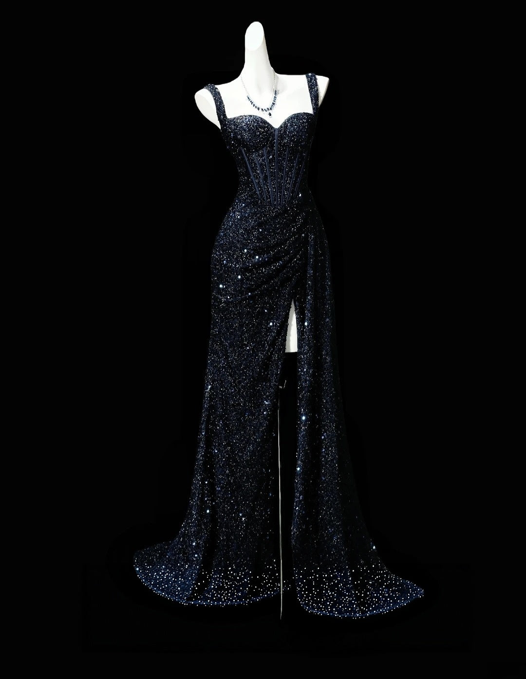 Navy Blue Sequin Mermaid Formal Sparkle Prom Dress With Slit  P2429