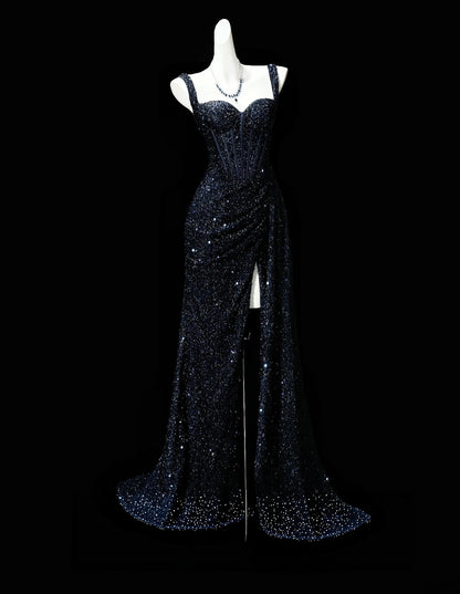 Navy Blue Sequin Mermaid Formal Sparkle Prom Dress With Slit  P2429