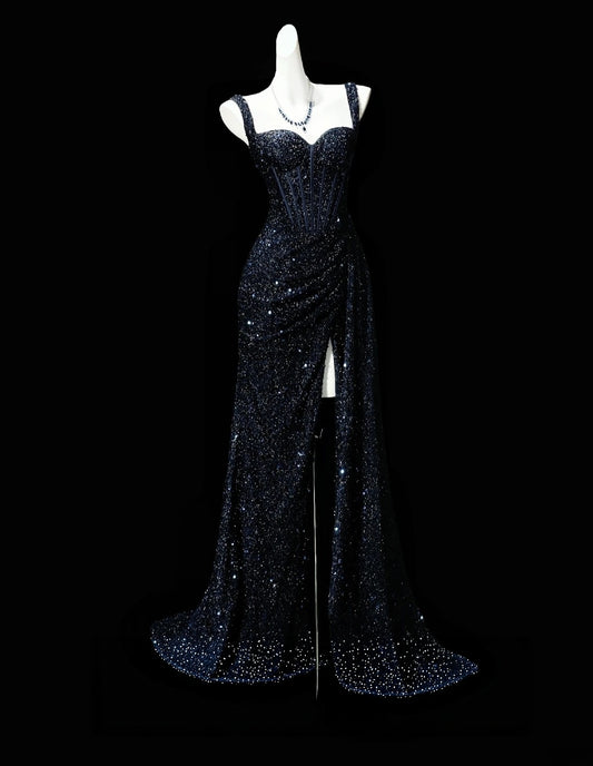 Navy Blue Sequin Mermaid Formal Sparkle Prom Dress With Slit  P2429