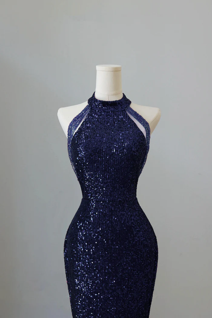 Navy Blue Sequins Long Mermaid Prom Dress Off The Shoulder Evening Dress  P663