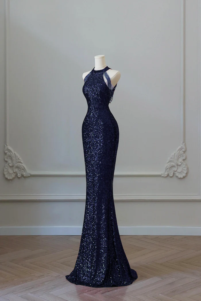 Navy Blue Sequins Long Mermaid Prom Dress Off The Shoulder Evening Dress  P663
